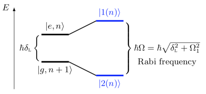 An energy diagram showing the bare and the dressed states.